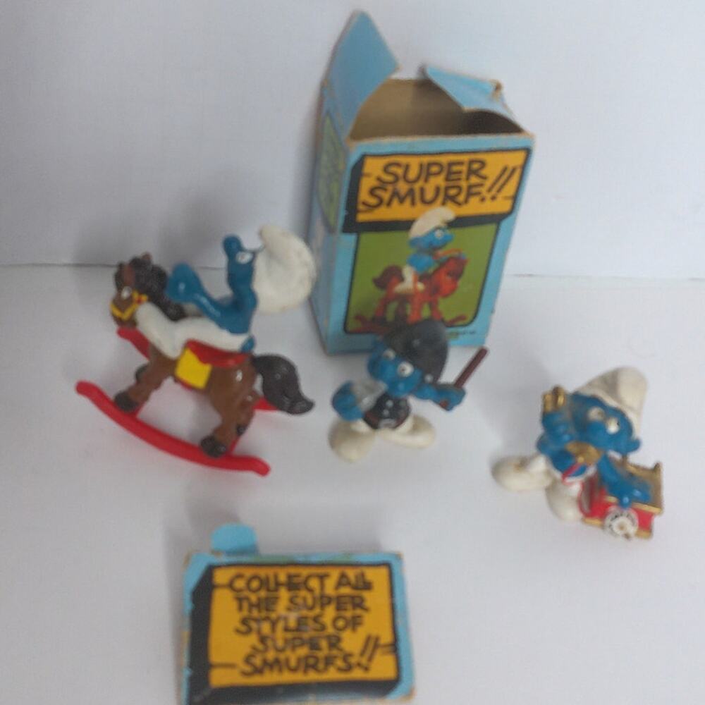 Vintage Schleich Super Smurf Rocking Horse Police Smurf Telephone Smurf Set of 3